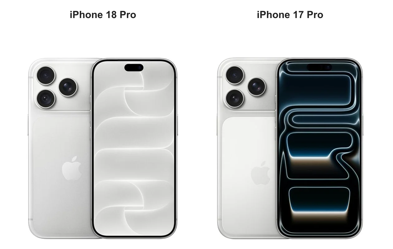 左がiPhone 18 Pro、右がiPhone 17 Pro。シルバーの前面と背面を比較