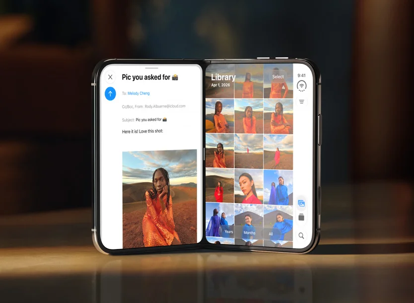 iPhone Duoでメールと写真ライブラリを左右に並べたSplit View