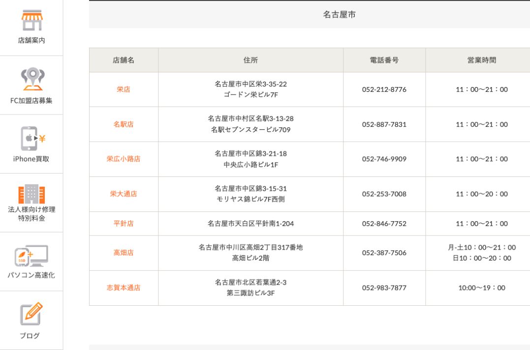 iPhone修理のぐんぐん栄店の公式サイトに掲載された店舗案内画面